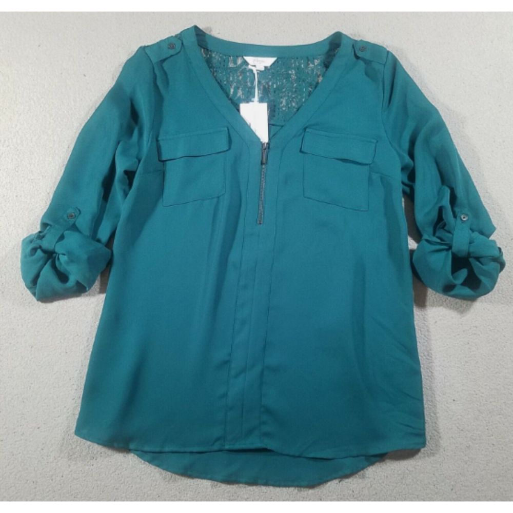 CANDIES Top Womens Small Green Blouse Lace Roll Tab 1/4 Zip Tunic NWT New